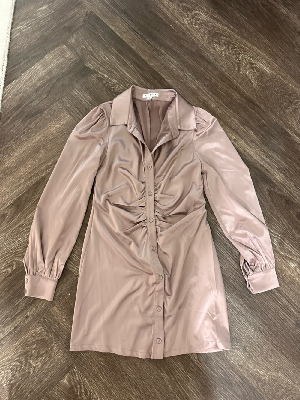 HYFVE Mauve Ruched Satin Mini Shirt Dress